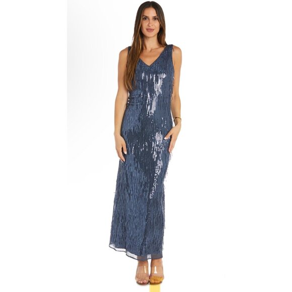 R&M Richards Blue Sequin Maxi Dress NEW V Neck Fringe Open Back Stretchy Size 14 - Picture 1 of 9